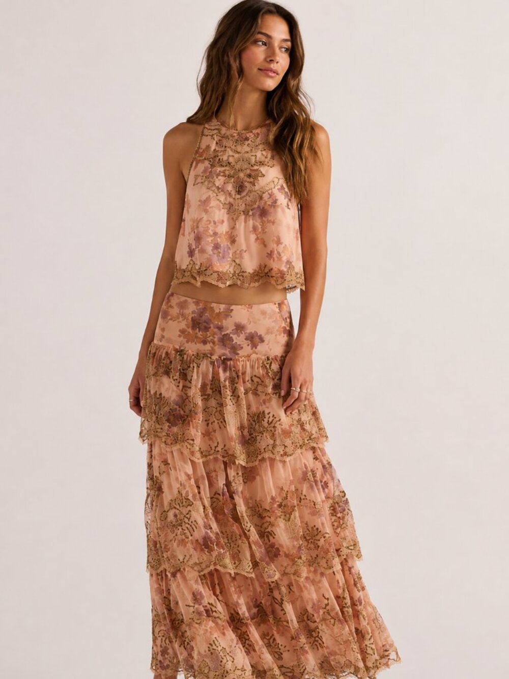 FREE PEOPLE Maple Glow Embellished Sequin Maxi Skirt Set In Pink (size XS) NWT